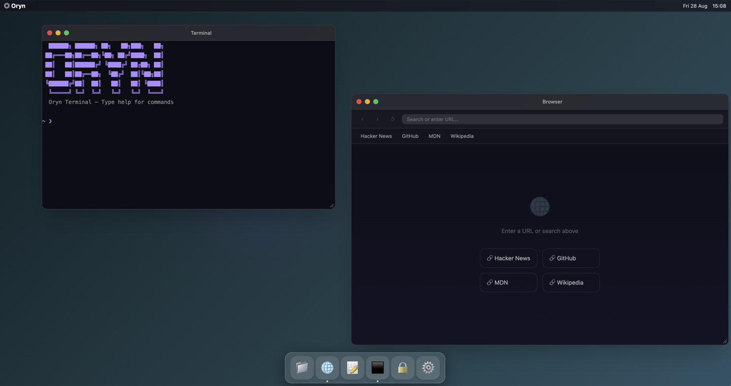 Oryn web desktop with terminal and browser windows